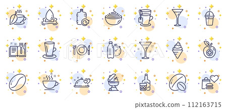 Outline set of Coffee cup, Food and Recipe book line icons for web app. Include Food donation, Whiskey glass, Romantic dinner pictogram icons. Martini glass, Mint tea, Ice cream signs. Vector Outline set of Coffee cup, Food and Recipe book line icons for web app. Include Food donation, Whiskey glass, Romantic dinner pictogram icons. Martini glass, Mint tea, Ice cream signs. Vector 112163715