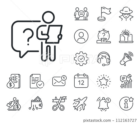 Interview candidate sign. Salaryman, gender equality and alert bell outline icons. Search employee line icon. Question mark symbol. Search employee line sign. Spy or profile placeholder icon. Vector 112163727