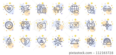 Outline set of International love, Romantic dinner and Heart flame line icons for web app. Include Friend, Atom, Valentine target pictogram icons. Love tickets, Friends couple. Vector Outline set of International love, Romantic dinner and Heart flame line icons for web app. Include Friend, Atom, Valentine target pictogram icons. Love tickets, Friends couple. Vector 112163728