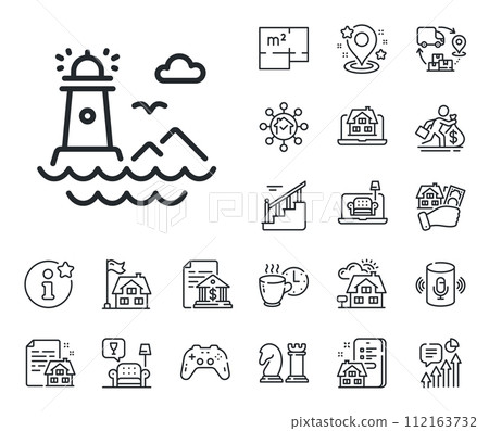 Beacon tower sign. Floor plan, stairs and lounge room outline icons. Lighthouse line icon. Searchlight building symbol. Lighthouse line sign. House mortgage, sell building icon. Real estate. Vector 112163732