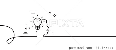 Business Idea line icon. Continuous one line with curl. Light bulb symbol. Human head sign. Idea single outline ribbon. Loop curve pattern. Vector Business Idea line icon. Continuous one line with curl. Light bulb symbol. Human head sign. Idea single outline ribbon. Loop curve pattern. Vector 112163744