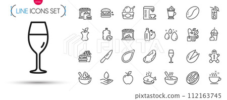 Pack of Coffee beans, Apple and Water glass line icons. Include Coffee machine, Water care, Mint bag pictogram icons. Ice cream, Food market, Pumpkin seed signs. Brazil nut, Salad. Vector Pack of Coffee beans, Apple and Water glass line icons. Include Coffee machine, Water care, Mint bag pictogram icons. Ice cream, Food market, Pumpkin seed signs. Brazil nut, Salad. Vector 112163745