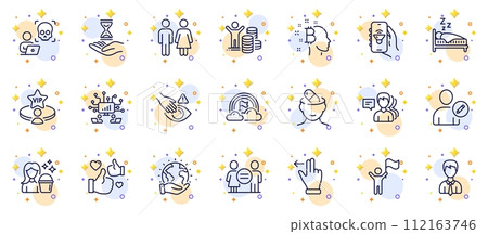 Outline set of Dont touch, Save planet and Cyber attack line icons for web app. Include Music app, Cleaning, Time hourglass pictogram icons. Sleep, Like, Budget profit signs. Leadership. Vector Outline set of Dont touch, Save planet and Cyber attack line icons for web app. Include Music app, Cleaning, Time hourglass pictogram icons. Sleep, Like, Budget profit signs. Leadership. Vector 112163746