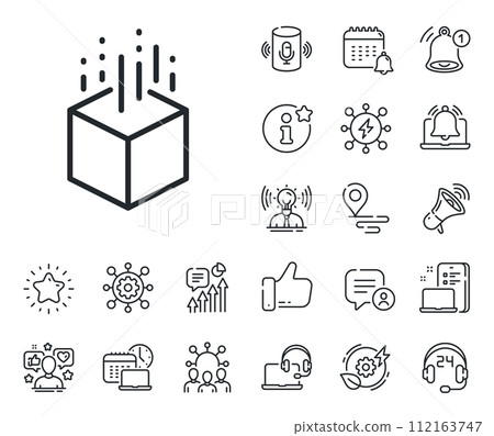 VR simulation sign. Place location, technology and smart speaker outline icons. Augmented reality line icon. 3d cube symbol. Augmented reality line sign. Influencer, brand ambassador icon. Vector 112163747