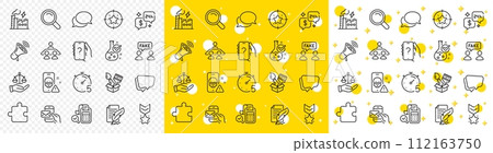 Outline Timer, Messenger and Megaphone line icons pack for web with Ask question, Bill accounting, Interview job line icon. Cyber attack, Speech bubble, Search pictogram icon. Vector 112163750