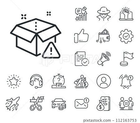Package box alert sign. Salaryman, gender equality and alert bell outline icons. Delivery warning line icon. Caution parcel symbol. Delivery warning line sign. Spy or profile placeholder icon. Vector Package box alert sign. Salaryman, gender equality and alert bell outline icons. Delivery warning line icon. Caution parcel symbol. Delivery warning line sign. Spy or profile placeholder icon. Vector 112163753