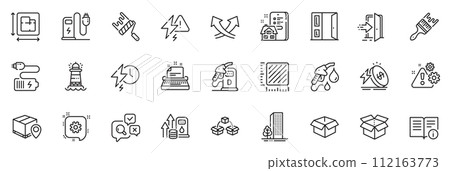 Icons pack as Energy price, Charging station and Floor plan line icons for app include Entrance, Buildings, Lighthouse outline thin icon web set. Battery, Property agency, Typewriter pictogram. Vector 112163773