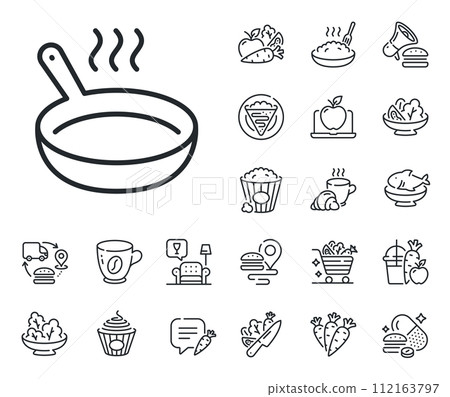 Cooking sign. Crepe, sweet popcorn and salad outline icons. Frying pan line icon. Food preparation symbol. Frying pan line sign. Pasta spaghetti, fresh juice icon. Supply chain. Vector 112163797