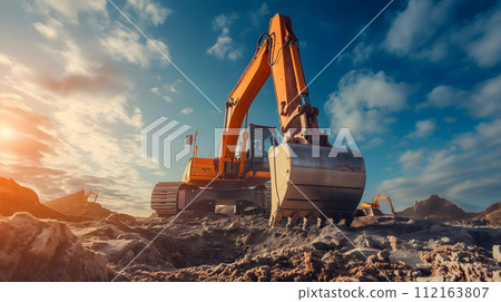 Excavator on the construction site against the blue sky with clouds Excavator on the construction site against the blue sky with clouds 112163807