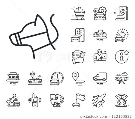 Pet in muzzle sign. Plane, supply chain and place location outline icons. Dog on leash line icon. Animal aggression control symbol. Dog leash line sign. Taxi transport, rent a bike icon. Vector Pet in muzzle sign. Plane, supply chain and place location outline icons. Dog on leash line icon. Animal aggression control symbol. Dog leash line sign. Taxi transport, rent a bike icon. Vector 112163822