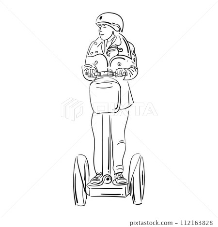 Sketch of young woman . Girl using segway. Hand drawn doodle. City individual urban transport 112163828
