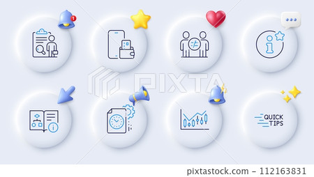 Inspect, Technical algorithm and Info line icons. Buttons with 3d bell, chat speech, cursor. Pack of Project deadline, Education, Financial diagram icon. Phone wallet, Discrimination pictogram. Vector 112163831