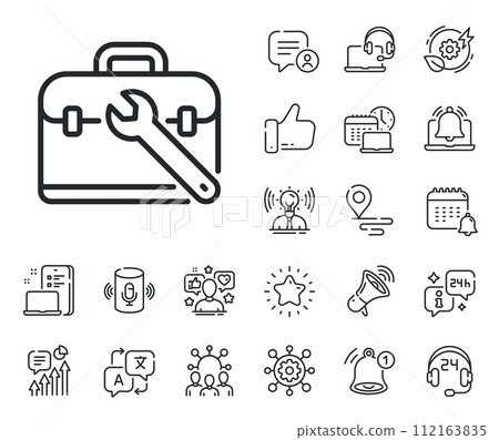 Repair tool case sign. Place location, technology and smart speaker outline icons. Spanner tool line icon. Fix instruments symbol. Tool case line sign. Influencer, brand ambassador icon. Vector 112163835