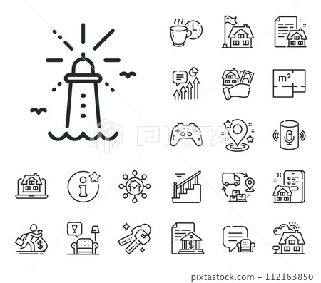 Beacon tower sign. Floor plan, stairs and lounge room outline icons. Lighthouse line icon. Searchlight building symbol. Lighthouse line sign. House mortgage, sell building icon. Real estate. Vector 112163850