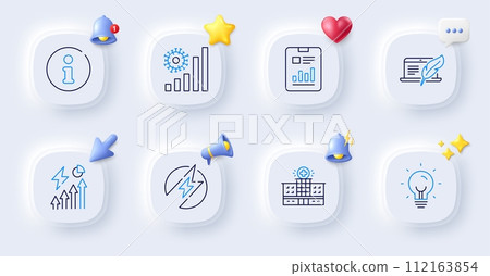 Hospital building, Coronavirus statistics and Electric energy line icons. Buttons with 3d bell, chat speech, cursor. Pack of Report document, Info, Electricity consumption icon. Vector 112163854