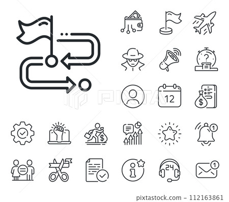 Location flag sign. Salaryman, gender equality and alert bell outline icons. Travel path line icon. Success symbol. Travel path line sign. Spy or profile placeholder icon. Vector 112163861