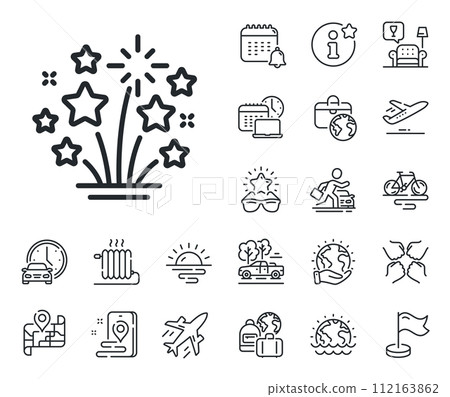 Pyrotechnic salute sign. Plane jet, travel map and baggage claim outline icons. Fireworks stars line icon. Carnival celebration lights symbol. Fireworks stars line sign. Vector 112163862