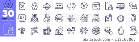 Report statistics, Time and Healthcare calendar line icons pack. Auction, Loan percent, Ranking stars web icon. Target path, 5g wifi, Charging station pictogram. Chemistry lab. Vector 112163863