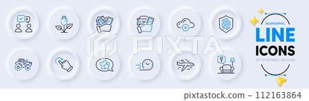 Tractor, Eco power and Buying house line icons for web app. Pack of Fingerprint, Star, Fast delivery pictogram icons. Lounge, Rent car, People voting signs. Airplane, Cloud computing. Vector 112163864