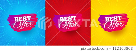 Best offer banner. Sunburst offer banner, flyer or poster. Discount sticker shape. Sale coupon bubble icon. Best offer promo event banner. Starburst pop art coupon. Special deal. Vector 112163868