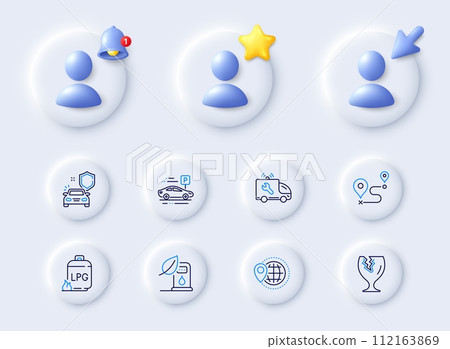Petrol station, Gas cylinder and Fragile package line icons. Placeholder with 3d cursor, bell, star. Pack of Car service, Journey, World travel icon. Car secure pictogram. Vector Petrol station, Gas cylinder and Fragile package line icons. Placeholder with 3d cursor, bell, star. Pack of Car service, Journey, World travel icon. Car secure pictogram. Vector 112163869