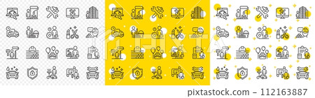 Car repair, Home cleaning, Engineering service line icons. Professional services line icons. Builder and Painter, Wrench tool with hammer, Car wash. Birthday events and internet services. Vector 112163887