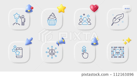 Binary code, Star and Swipe up line icons. Buttons with 3d bell, chat speech, cursor. Pack of Best app, Networking, Squad icon. Cupcake, Feather pictogram. For web app, printing. Vector 112163896