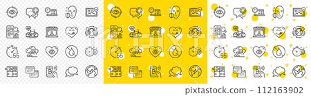 Outline Calendar, Chat message and Electricity line icons pack for web with Yummy smile, Online test, Eye target line icon. Phone search, Cogwheel timer, Co2 gas pictogram icon. Vector 112163902