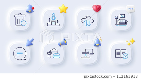 Outsource work, Recovery trash and Business podium line icons. Buttons with 3d bell, chat speech, cursor. Pack of Fast food, Cloud sync, Approved documentation icon. Vector Outsource work, Recovery trash and Business podium line icons. Buttons with 3d bell, chat speech, cursor. Pack of Fast food, Cloud sync, Approved documentation icon. Vector 112163918