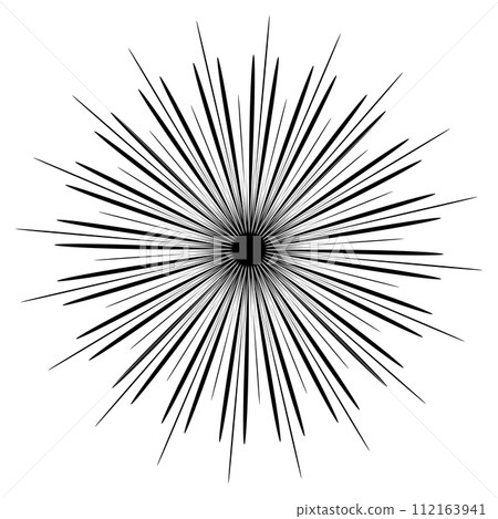 Vibrant black and white vector radial lines, starburst, comic book element, graphic design wish star rays isolated on white. Vibrant black and white vector radial lines, starburst, comic book element, graphic design wish star rays isolated on white. 112163941