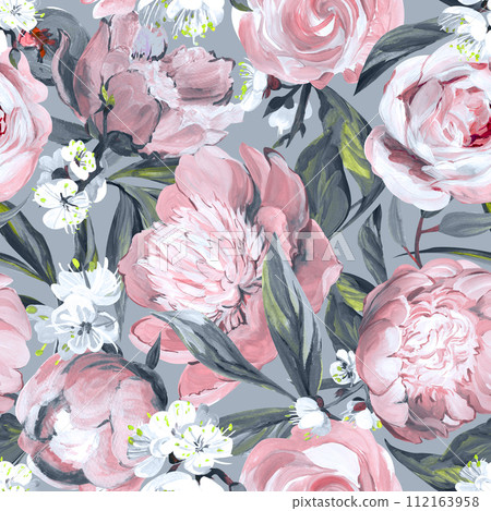 Botanical seamless pattern with peonies and sakura branches drawn in gouache 112163958
