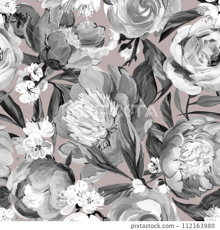 Botanical seamless pattern with peonies and sakura branches drawn in gouache Botanical seamless pattern with peonies and sakura branches drawn in gouache 112163980