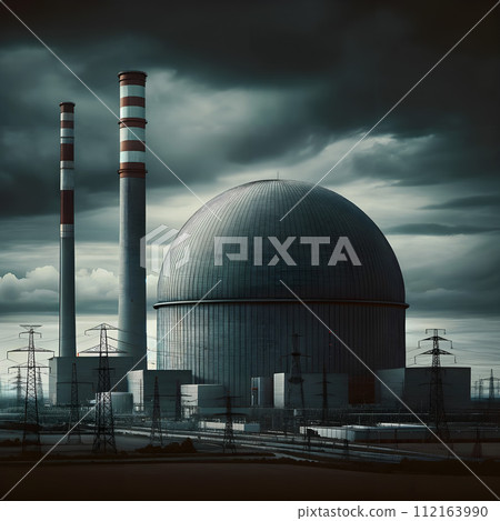 AI-generated content. A dramatic scene centered around a large nuclear power plant. AI-generated content. A dramatic scene centered around a large nuclear power plant. 112163990