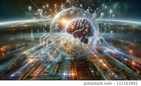 AI-generated content. A futuristic digital illustration combining advanced technology and human consciousness. AI-generated content. A futuristic digital illustration combining advanced technology and human consciousness. 112163991