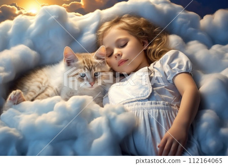 AI-generated content. A carefree child sleeps peacefully, nestled with a kitten on a cloud-like surface. Sweet dreams envelop them in a serene scene of innocence and tranquility 112164065