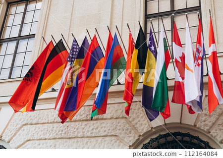 National flags of various countries flying in the wind. Colorful flags from different countries. Flags Organization for Security and Co-operation in Europe National flags of various countries flying in the wind. Colorful flags from different countries. Flags Organization for Security and Co-operation in Europe 112164084