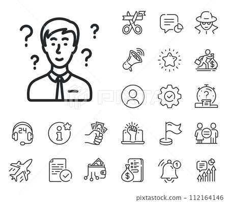 Support consultant sign. Salaryman, gender equality and alert bell outline icons. Question mark line icon. Support consultant line sign. Spy or profile placeholder icon. Online support, strike. Vector 112164146