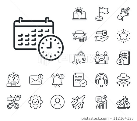 Clock or watch sign. Salaryman, gender equality and alert bell outline icons. Time and calendar line icon. Calendar line sign. Spy or profile placeholder icon. Online support, strike. Vector 112164153