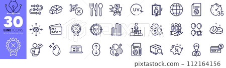 Business podium, Documentation and Globe line icons pack. Technical documentation, Water drop, Businessman web icon. Face detect, Best buyers, Scroll down pictogram. Loan percent. Vector 112164156