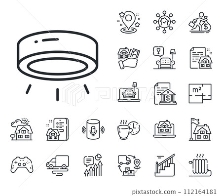 Spotlight light sign. Floor plan, stairs and lounge room outline icons. Led lamp line icon. Interior illuminate symbol. Led lamp line sign. House mortgage, sell building icon. Real estate. Vector 112164181