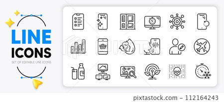 Milk, Smartphone recovery and Airplane mode line icons set for app include Entrance, Freezing timer, Checklist outline thin icon. Edit user, Seo analytics, Recycle water pictogram icon. Vector 112164243