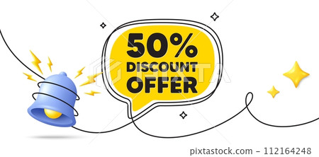 50 percent discount tag. Continuous line art banner. Sale offer price sign. Special offer symbol. Discount speech bubble background. Wrapped 3d bell icon. Vector 112164248