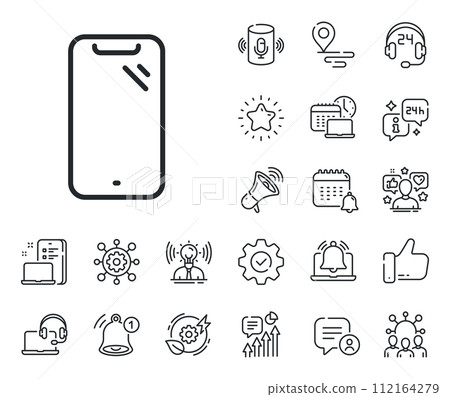 Phone sign. Place location, technology and smart speaker outline icons. Smartphone line icon. Mobile device symbol. Smartphone line sign. Influencer, brand ambassador icon. Vector 112164279