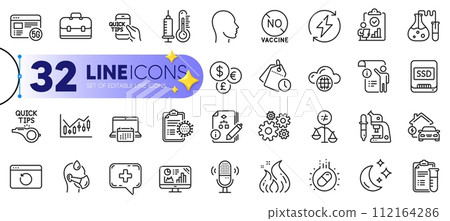 Outline set of Portfolio, Tutorials and Sick man line icons for web with Microphone, Cloud computing, Analytics graph thin icon. Discrimination, Time management, Moon pictogram icon. Vector 112164286
