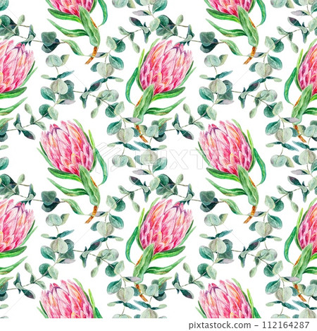 Protea watercolor, seamless pattern. Illustration of flower, eucalyptus isolated on white background. Cards, textiles, covers, wrapping paper, fabric. 112164287