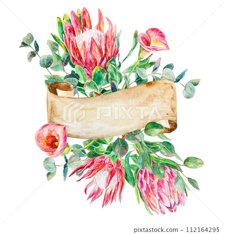Protea watercolor, postcard. Illustration of a bouquet with calla lilies, eucalyptus, banner for text isolated on a white. Wedding invitations, tags. Protea watercolor, postcard. Illustration of a bouquet with calla lilies, eucalyptus, banner for text isolated on a white. Wedding invitations, tags. 112164295