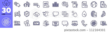 Online shopping, Message and World planet line icons pack. Outsource work, Place, Online storage web icon. User notification, Map, Confirmed pictogram. Education, Cable section, Bell. Vector 112164301