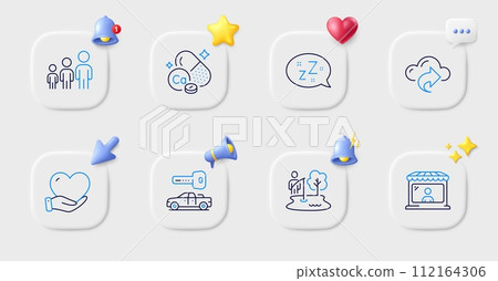Business hierarchy, Fishing place and Cloud share line icons. Buttons with 3d bell, chat speech, cursor. Pack of Calcium mineral, Volunteer, Car key icon. Market seller, Sleep pictogram. Vector 112164306