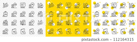 Petrol canister, B7 diesel fuel and gas cylinder set. Filling station line icons. Lpg, fuel filling station and 95 petrol canister line icons. Liquefied gas, rising prices and oil energy. Vector Petrol canister, B7 diesel fuel and gas cylinder set. Filling station line icons. Lpg, fuel filling station and 95 petrol canister line icons. Liquefied gas, rising prices and oil energy. Vector 112164315