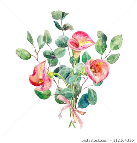 Calla lilies watercolor. Hand drawn bouquet of callas and eucalyptus branches isolated on a white background. Cards, packaging, invitations, labels. 112164330